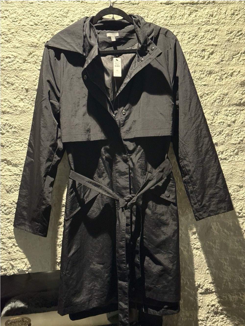 Talbots XL Black Hooded Belted Trench Coat Crinkle Weave Jacket
